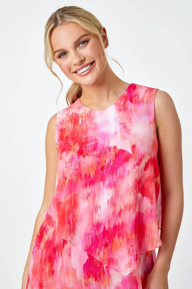 Pink Petite Abstract Tiered Chiffon Dress Women Roman Dresses