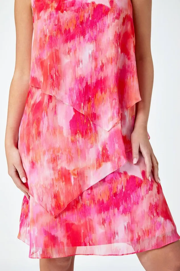 Pink Petite Abstract Tiered Chiffon Dress Women Roman Dresses