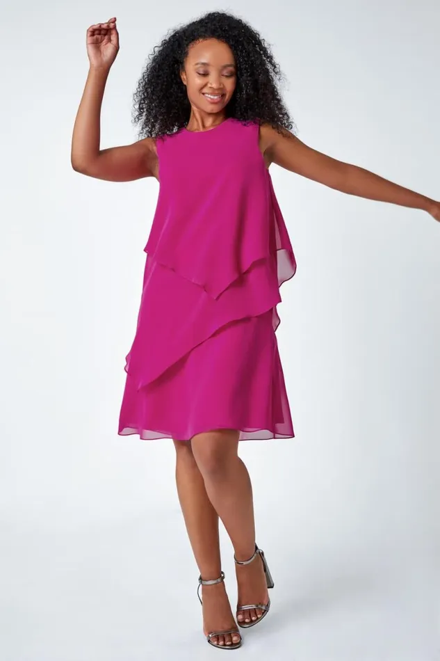 Pink Petite Embellished Chiffon Tiered Shift Dress Women Roman Dresses