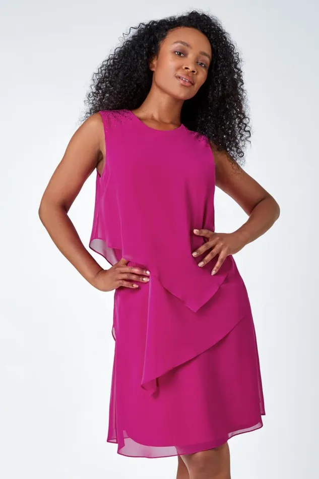 Pink Petite Embellished Chiffon Tiered Shift Dress Women Roman Dresses