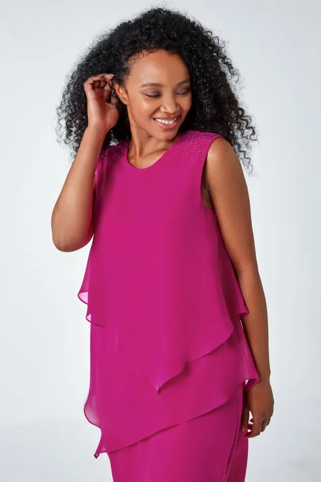 Pink Petite Embellished Chiffon Tiered Shift Dress Women Roman Dresses