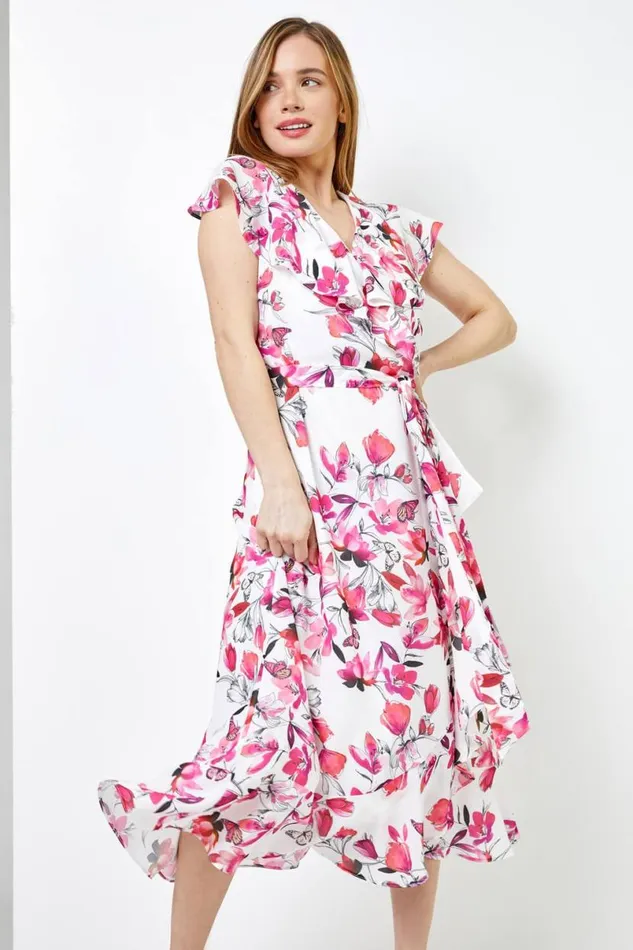 Pink Petite Floral Chiffon Frill Wrap Dress Women Roman Dresses