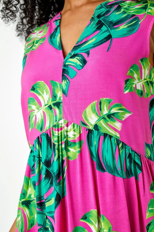 Pink Petite Tropical Print Smock Dress Women Roman Dresses