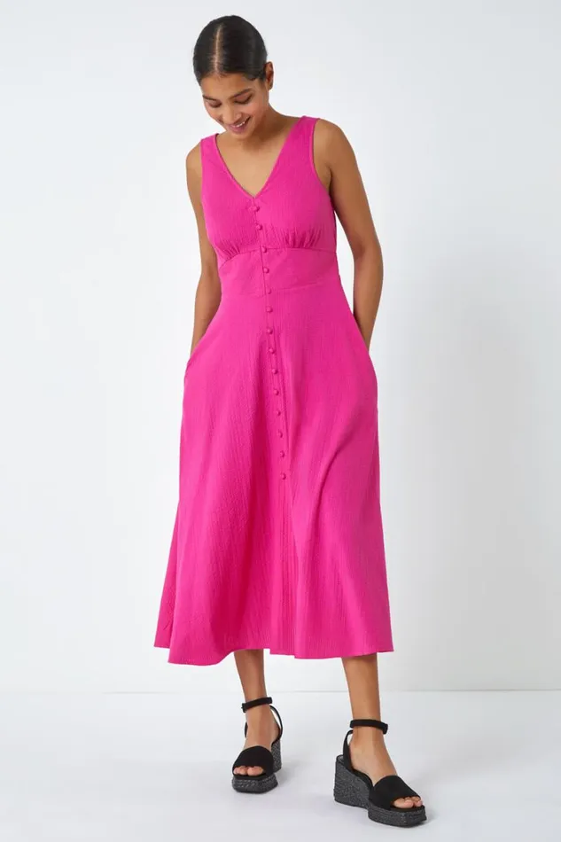 Pink Sleeveless Cotton Midi Dress Women Roman Dresses