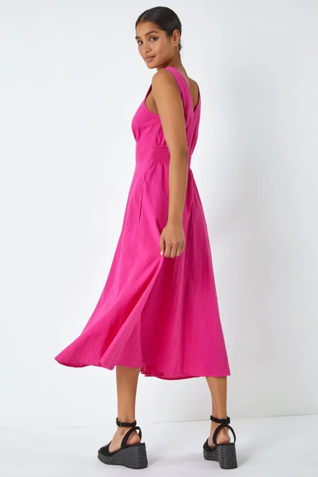 Pink Sleeveless Cotton Midi Dress Women Roman Dresses