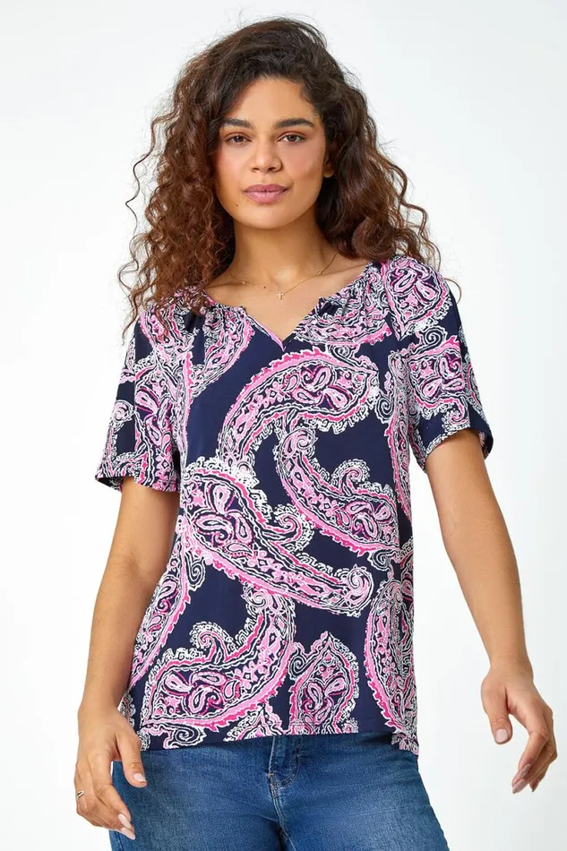 Pink Textured Paisley Print Stretch TShirt Women Roman Tops