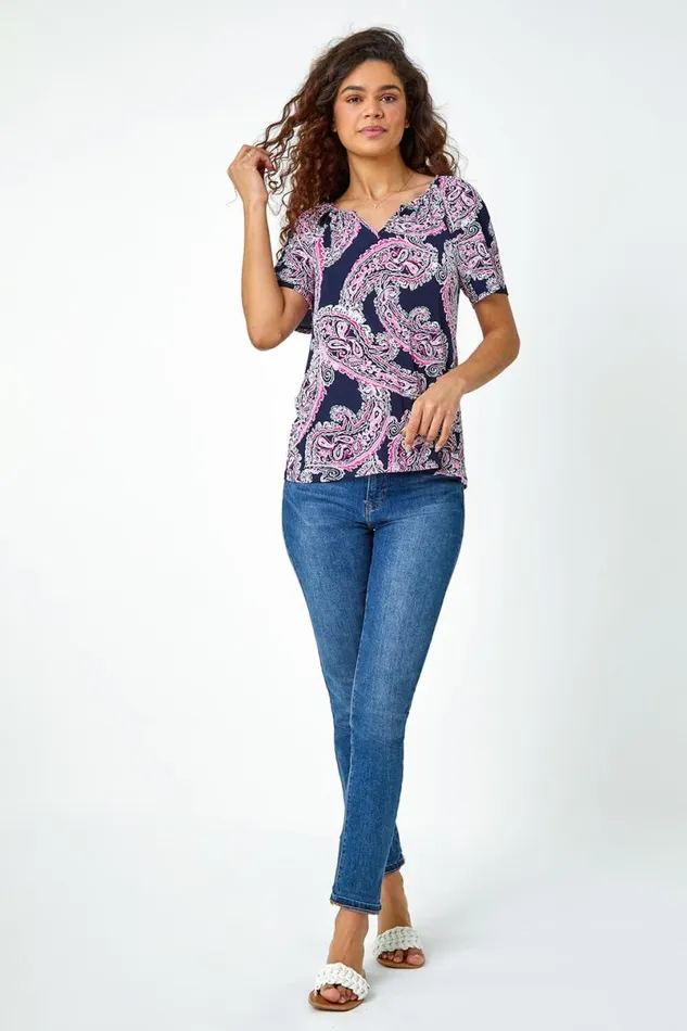 Pink Textured Paisley Print Stretch TShirt Women Roman Tops