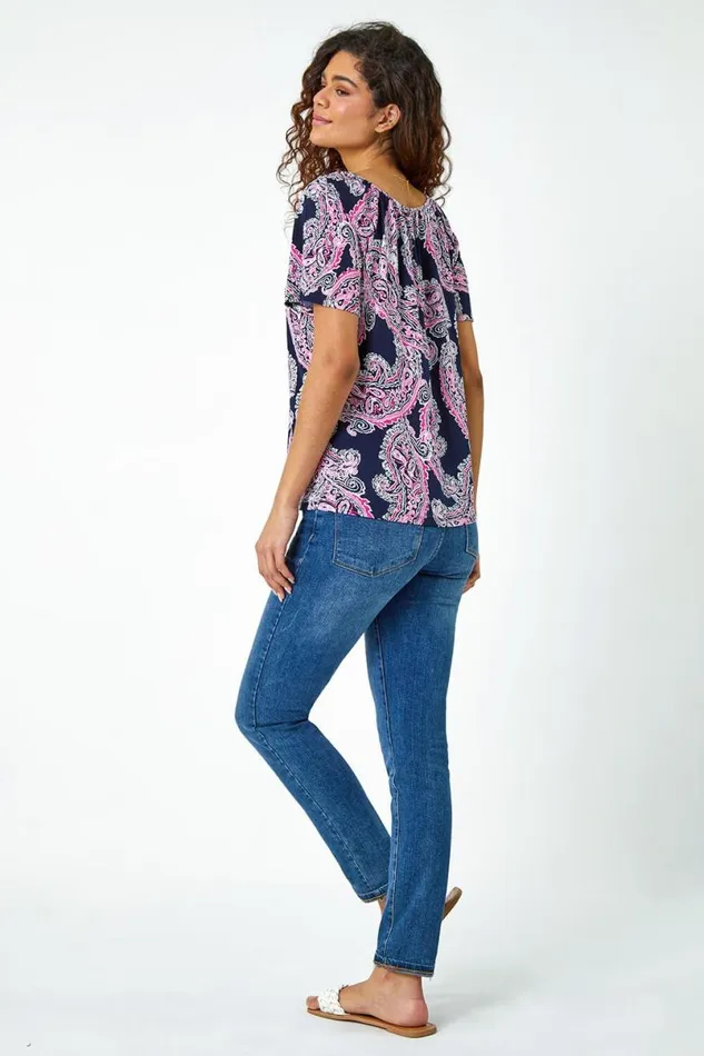 Pink Textured Paisley Print Stretch TShirt Women Roman Tops