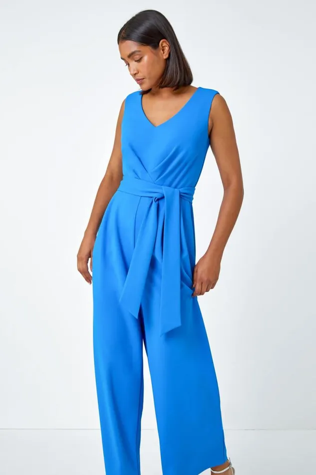 Pleat Detail Wide Leg Stretch Jumpsuit Women Roman Dresses