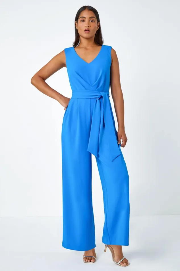 Pleat Detail Wide Leg Stretch Jumpsuit Women Roman Dresses