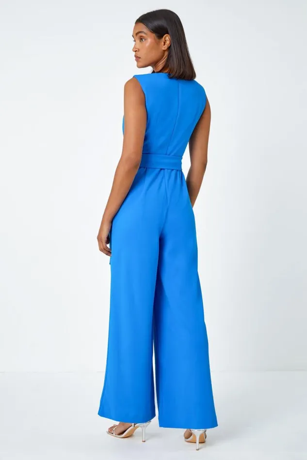 Pleat Detail Wide Leg Stretch Jumpsuit Women Roman Dresses