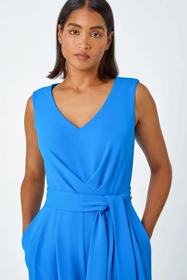 Pleat Detail Wide Leg Stretch Jumpsuit Women Roman Dresses