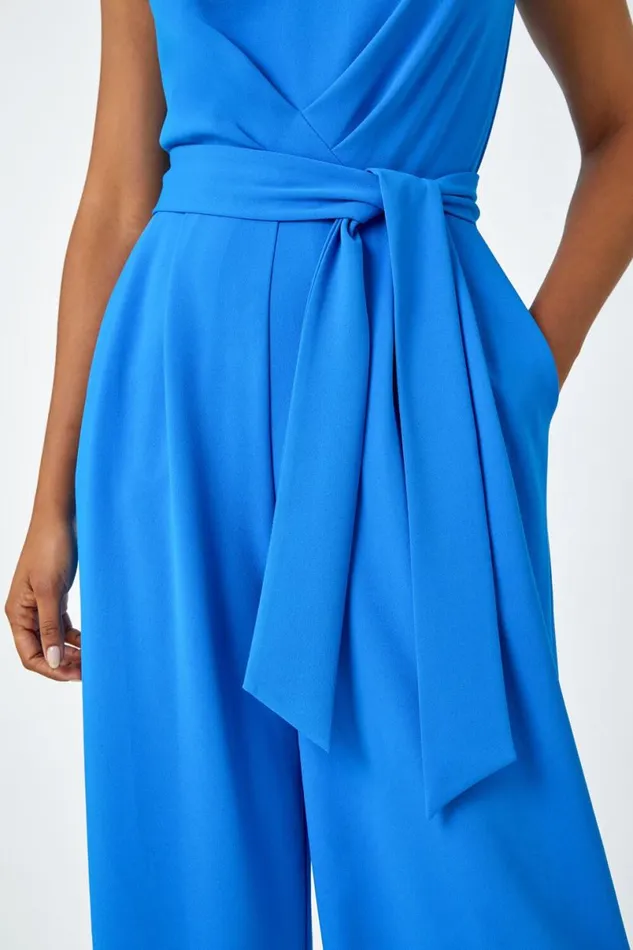 Pleat Detail Wide Leg Stretch Jumpsuit Women Roman Dresses
