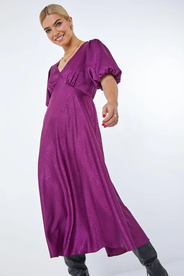 Plum Puff Sleeve Satin Midi Dress Women Roman Dresses