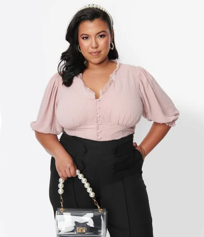 Plus Size 1940s Pink Clip Dot Puff Sleeve Blouse ClothingPlus Unique Vintage Blouses