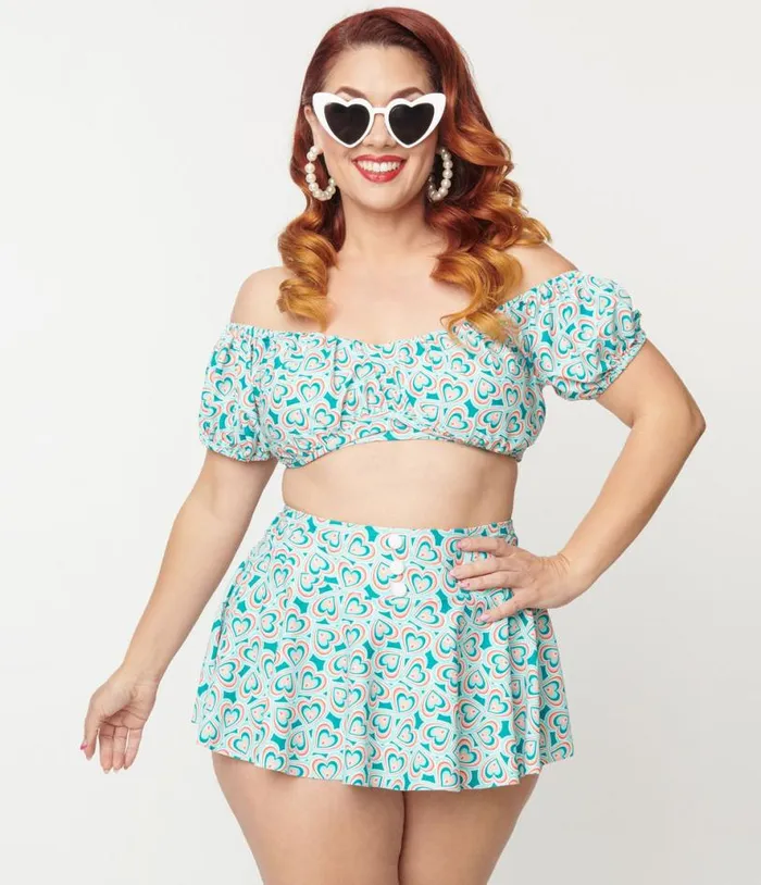 Plus Size 1940s Turquoise Retro Hearts Off The Shoulder Swim Top Plus Unique Vintage Two Piece Swim Plus Size 1940s Turquoise Retro Hearts Off The Shoulder Swim Top Plus Unique Vintage Two Piece Swim