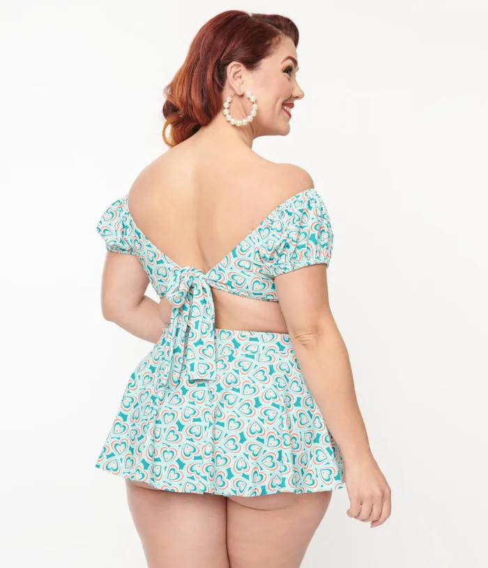 Plus Size 1940s Turquoise Retro Hearts Off The Shoulder Swim Top Plus Unique Vintage Two Piece Swim