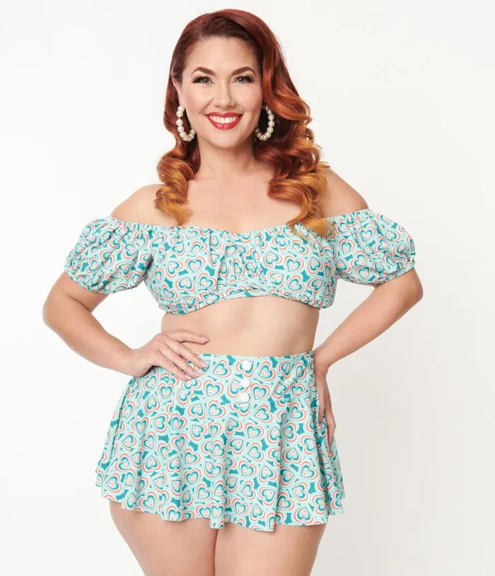 Plus Size 1940s Turquoise Retro Hearts Off The Shoulder Swim Top Plus Unique Vintage Two Piece Swim