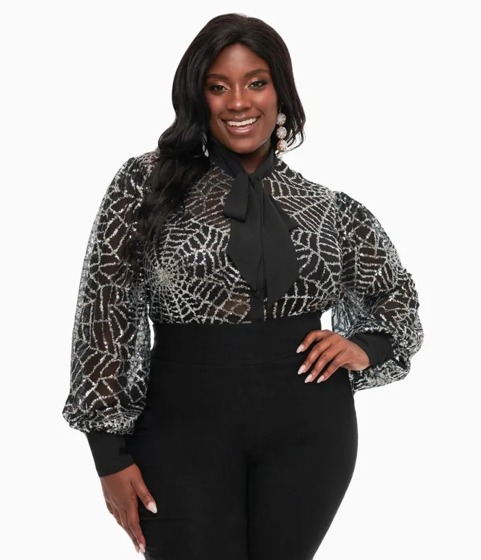 Plus Size Black and Silver Sequin Spiderweb Sheer Gwen Blouse ClothingHalloweenPlus Unique Vintage Tops