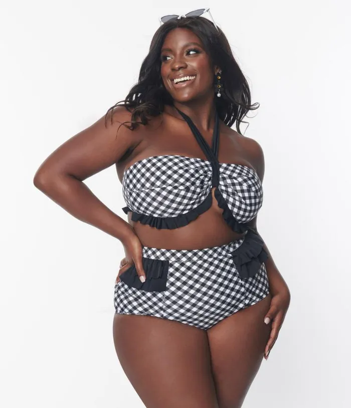 Plus Size Black and White Bias Gingham Twist Front Halter Swim Top Plus Unique Vintage Two Piece Swim Plus Size Black and White Bias Gingham Twist Front Halter Swim Top Plus Unique Vintage Two Piece Swim