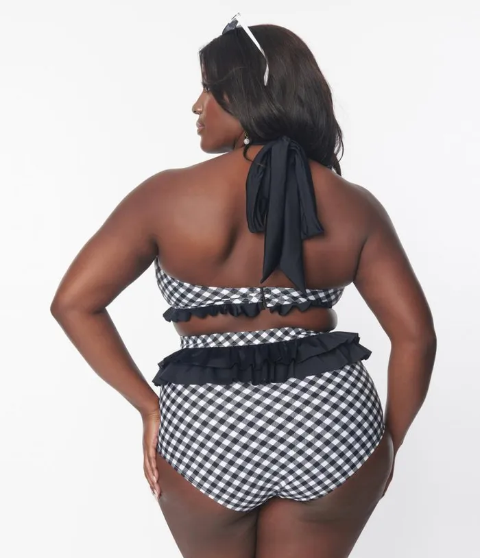 Plus Size Black and White Bias Gingham Twist Front Halter Swim Top Plus Unique Vintage Two Piece Swim