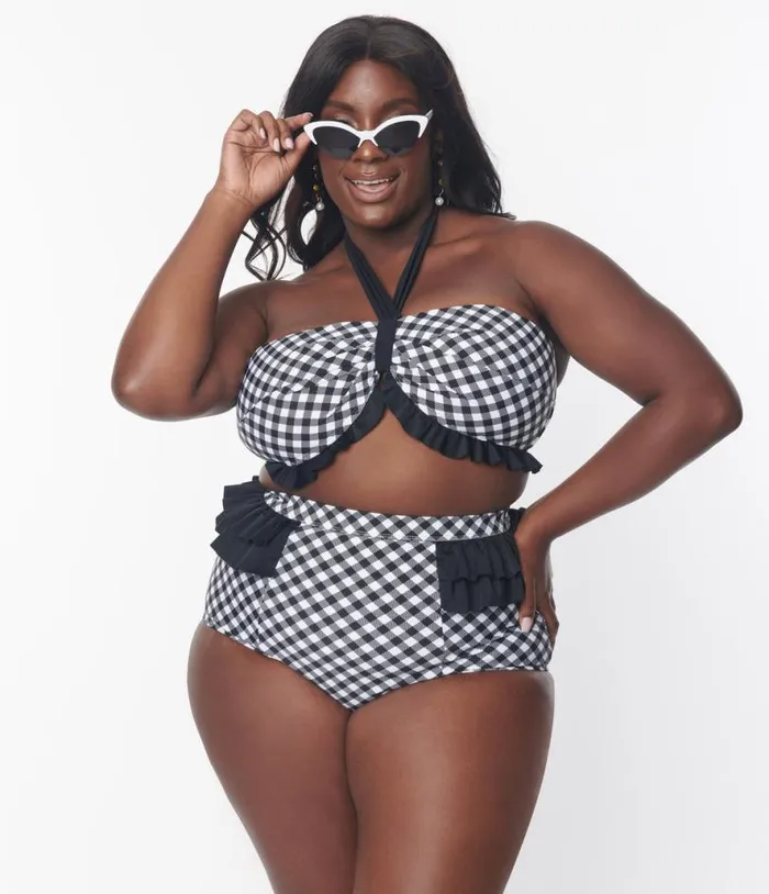 Plus Size Black and White Bias Gingham Twist Front Halter Swim Top Plus Unique Vintage Two Piece Swim