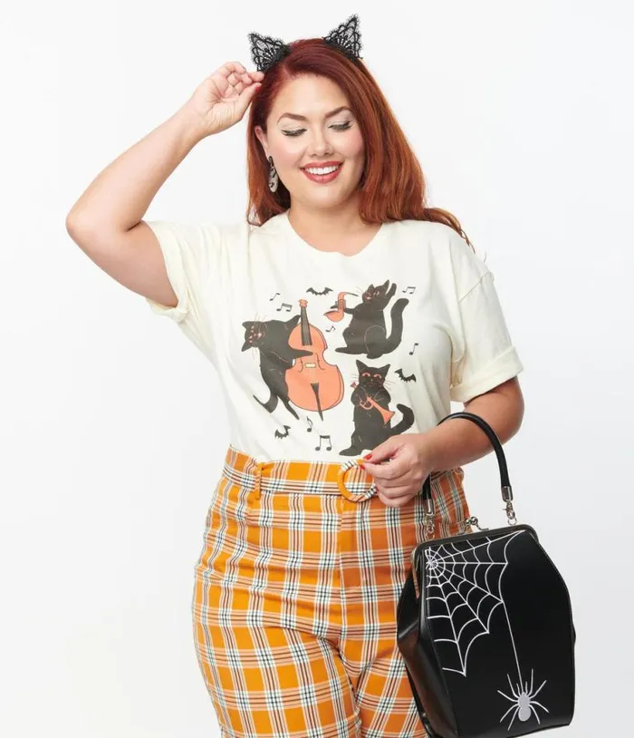 Plus Size Cream Jazz Cats Unisex Graphic Tee ClothingHalloweenPlus Unique Vintage Graphic Tees