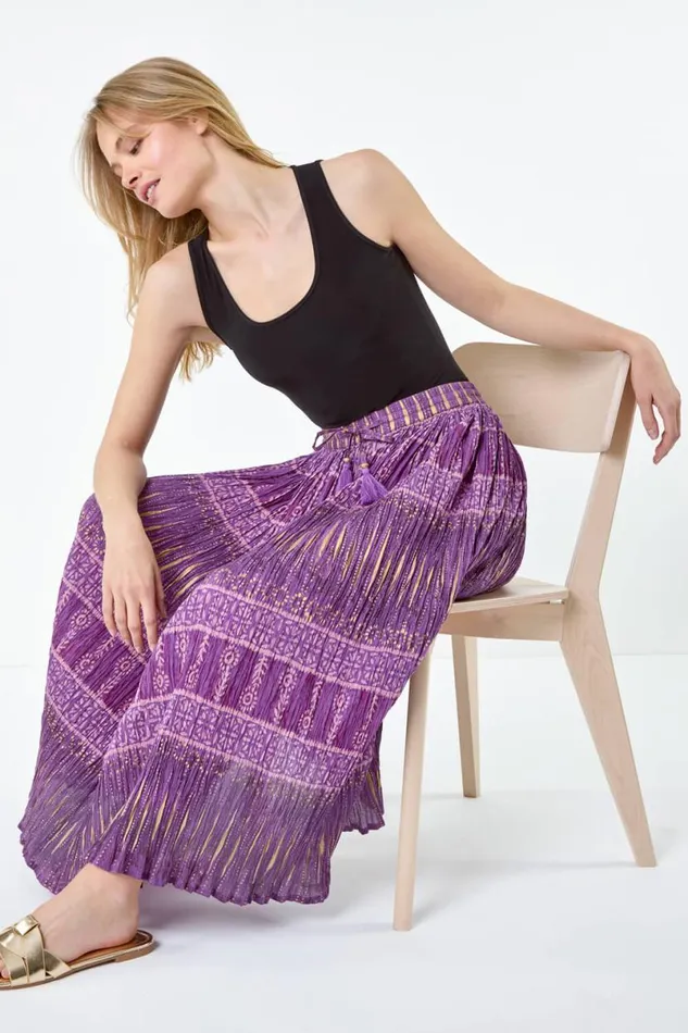 Purple Crinkle Cotton Metallic Foil A Line Midi Skirt Women Roman Skirts