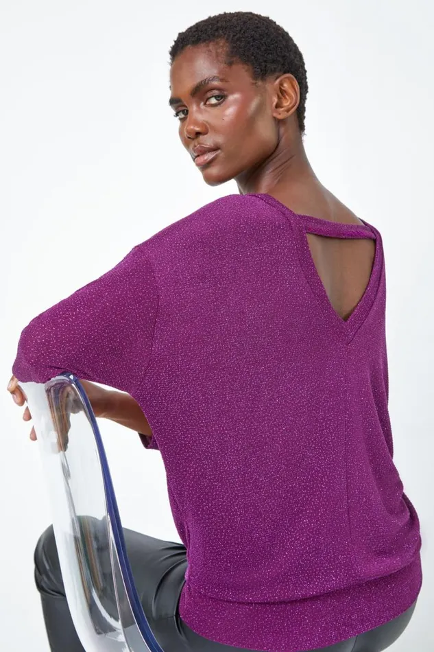 Purple Glitter Blouson Stretch Top Women Roman Tops
