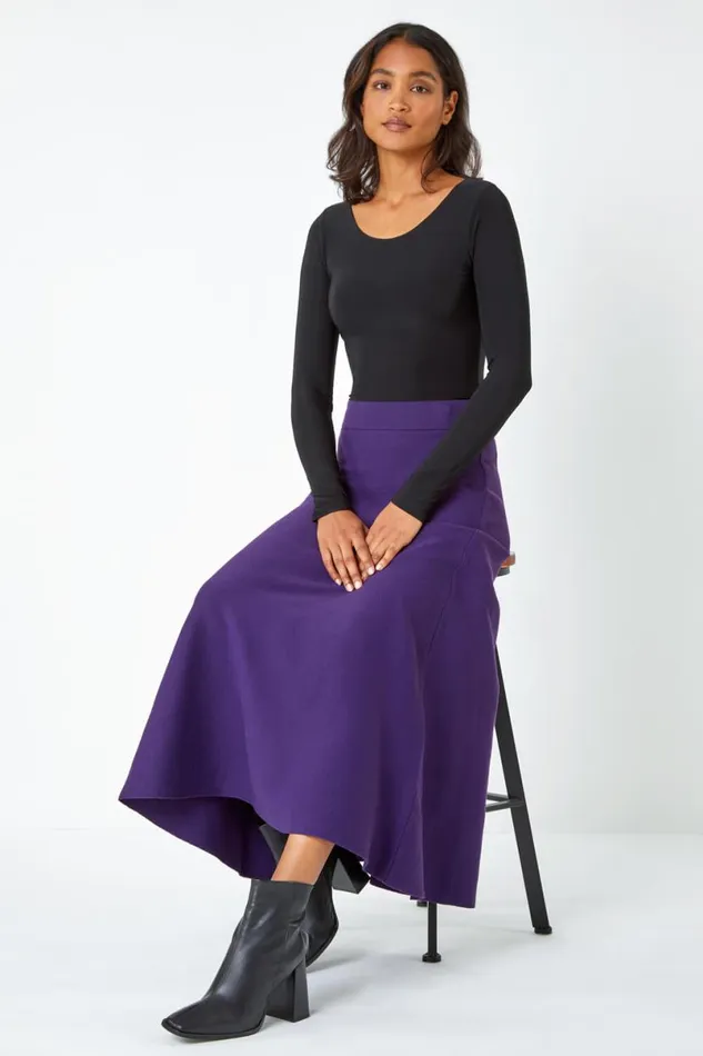 Purple Plain Elastic Waist Knitted A Line Midi Skirt Women Roman Skirts