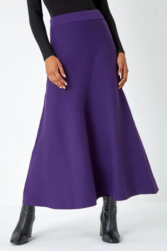 Purple Plain Elastic Waist Knitted A Line Midi Skirt Women Roman Skirts