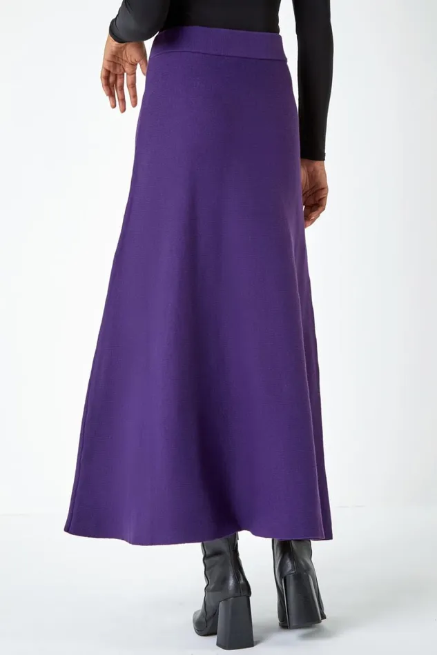Purple Plain Elastic Waist Knitted A Line Midi Skirt Women Roman Skirts