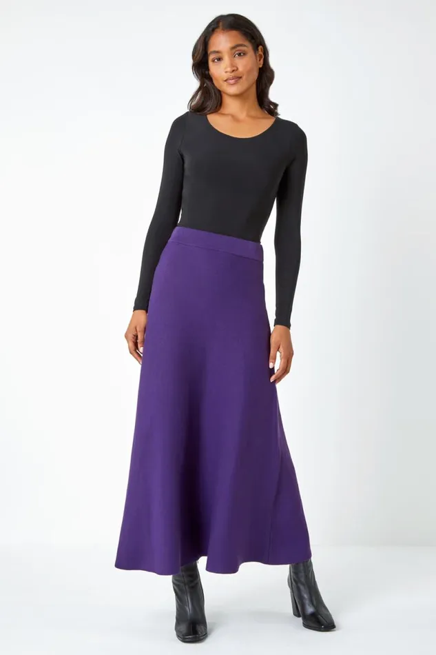 Purple Plain Elastic Waist Knitted A Line Midi Skirt Women Roman Skirts