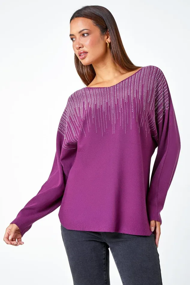 Purple Sparkle Embellished VNeck Knit Jumper Women Roman Knitwear