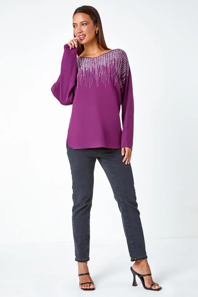 Purple Sparkle Embellished VNeck Knit Jumper Women Roman Knitwear