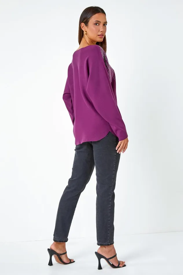 Purple Sparkle Embellished VNeck Knit Jumper Women Roman Knitwear