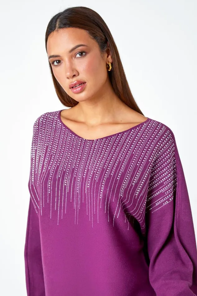 Purple Sparkle Embellished VNeck Knit Jumper Women Roman Knitwear