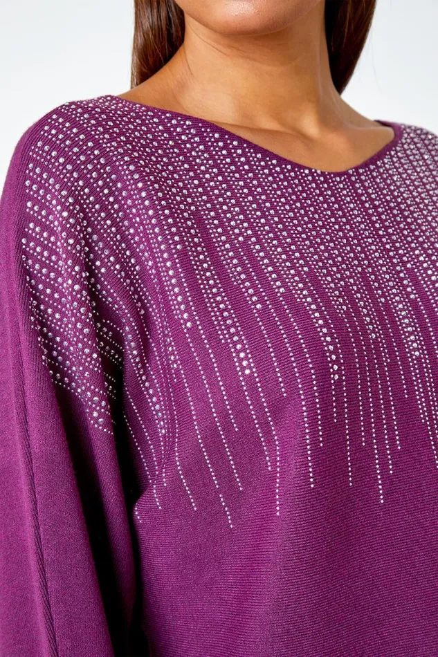Purple Sparkle Embellished VNeck Knit Jumper Women Roman Knitwear