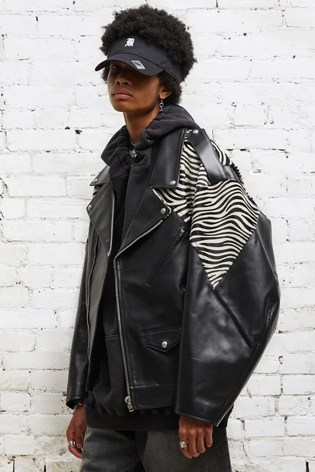 R13 Jackets and Coats Men Oversized Motorcycle Jacket 8211 Black With Zebra
