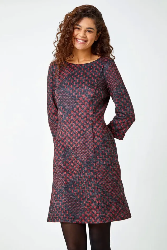 Red Abstract Check Print Shift Stretch Dress Women Roman Dresses