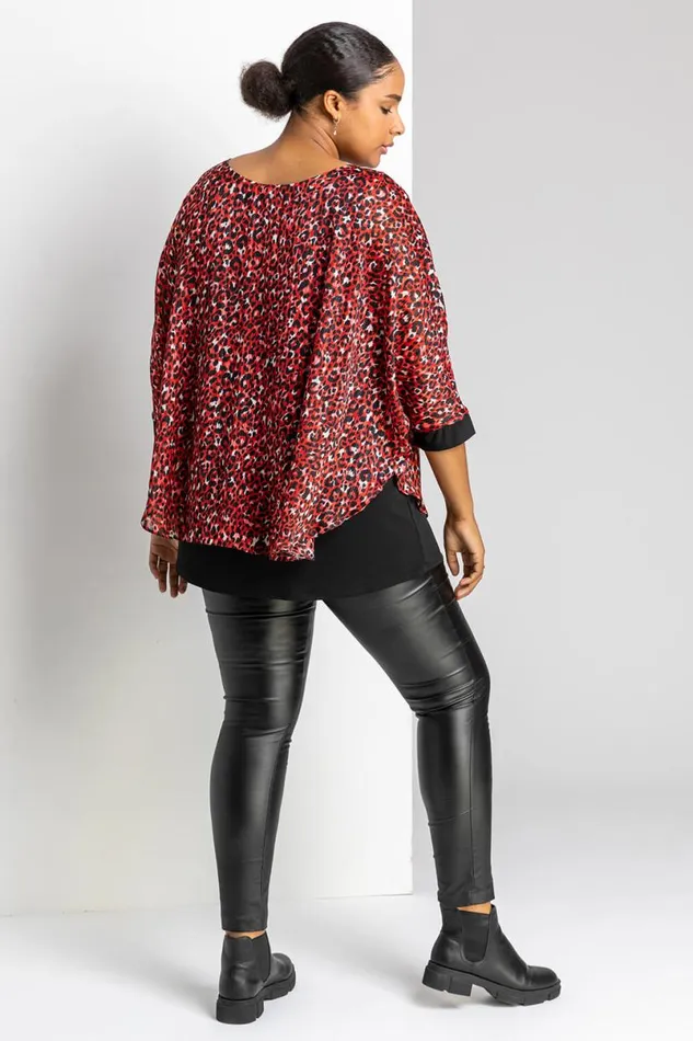 Red Curve Animal Print Overlay Top Women Roman Tops