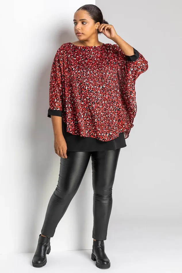 Red Curve Animal Print Overlay Top Women Roman Tops