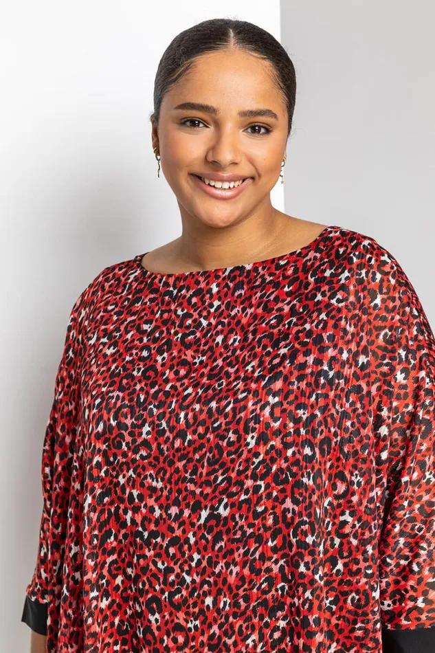 Red Curve Animal Print Overlay Top Women Roman Tops