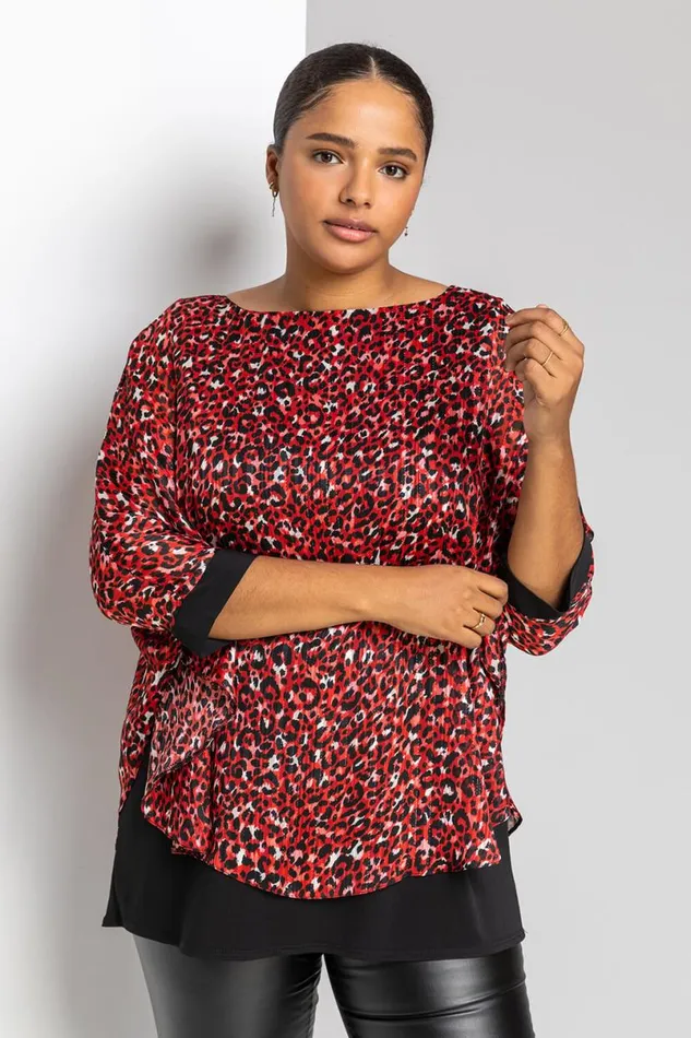 Red Curve Animal Print Overlay Top Women Roman Tops