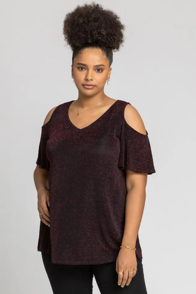 Red Curve Cold Shoulder Shimmer Top Women Roman Tops