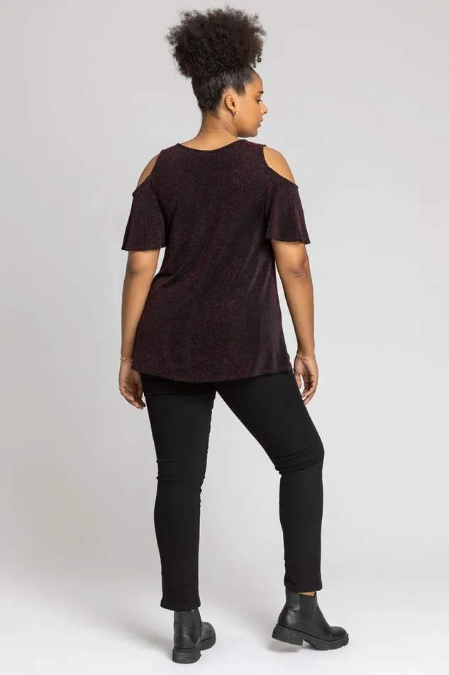 Red Curve Cold Shoulder Shimmer Top Women Roman Tops