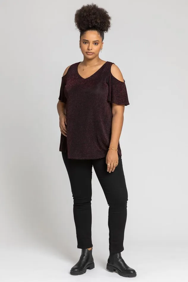 Red Curve Cold Shoulder Shimmer Top Women Roman Tops