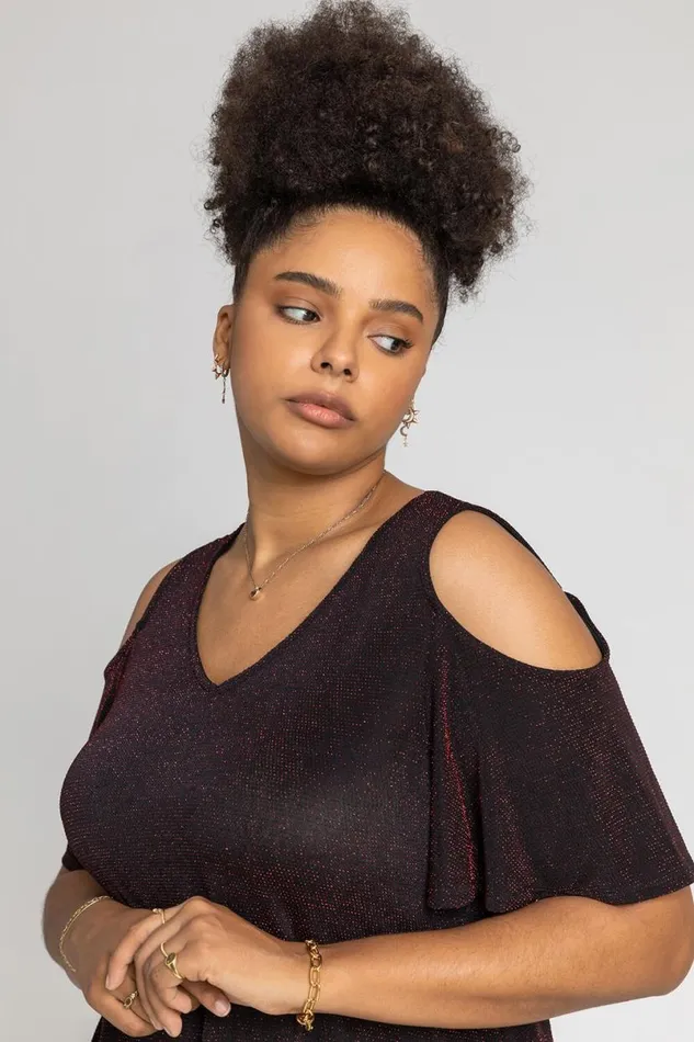 Red Curve Cold Shoulder Shimmer Top Women Roman Tops