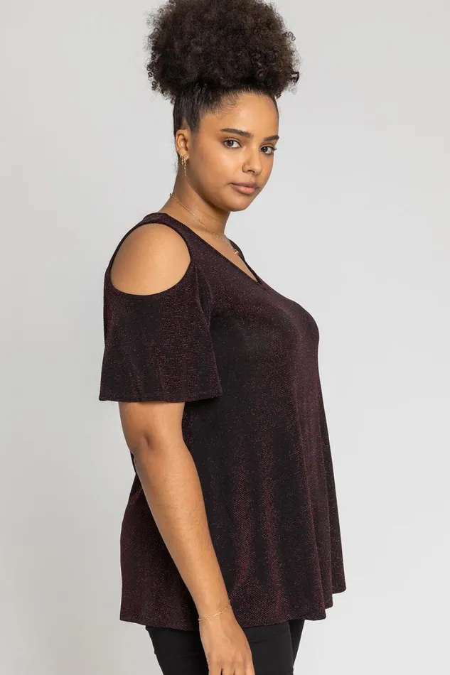Red Curve Cold Shoulder Shimmer Top Women Roman Tops