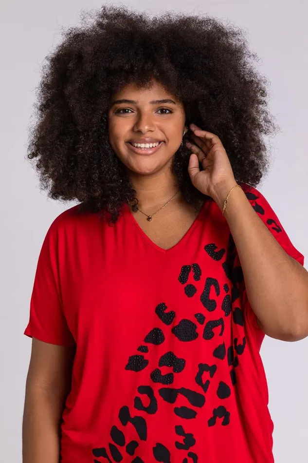 Red Curve Embellished Animal Print TShirt Women Roman Tops
